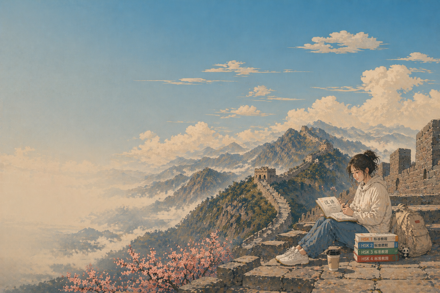 Background: Student studying on the Great Wall